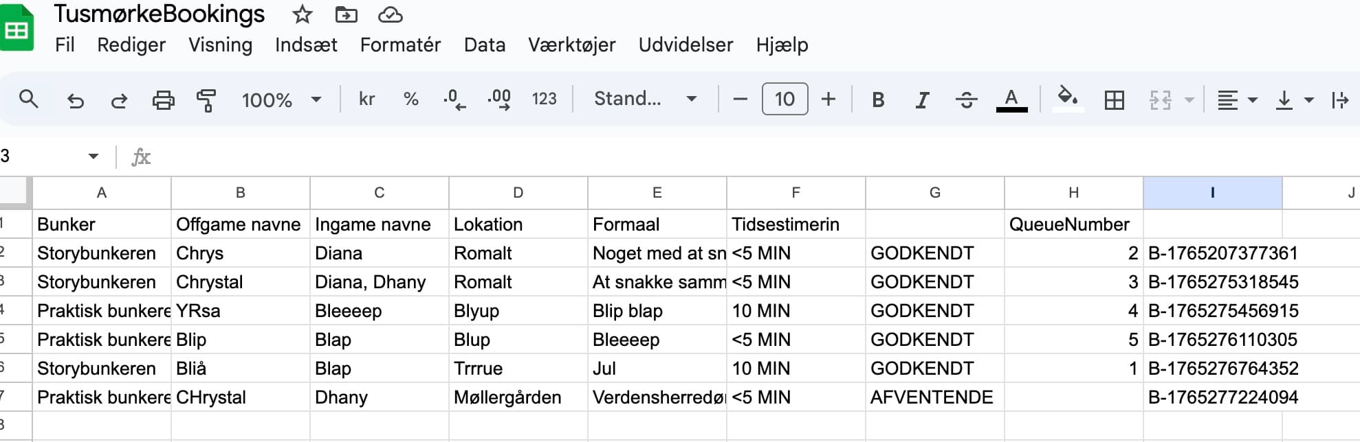 Existing booking workflow documented in a spreadsheet.